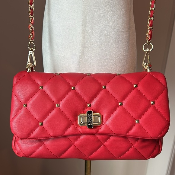 Badgley Mischka Red Quilted Shoulder Bag Clutch Gold Chain Studs Vegan Leather - Picture 2 of 10